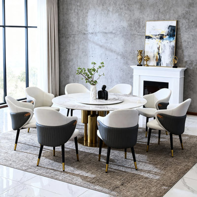 59" Round Kitchen Table With Rotating Lazy , 12mm Sintered Stone Tabletop, Easy To Clean, Stain & Heat , Fits 8 People, American Luxury Style, Golden White For And Dining Room, 360 Impact - Stone,