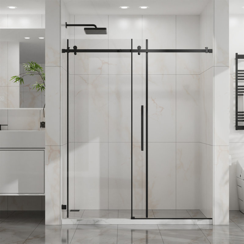 60" W X 72" H Sliding Shower Door, Frameless Sleek Glass Shower Door, 1/4" (6Mm) Thick Tempered Clear Glass With Easy-Clean Coating, Stainless Steel Hardware