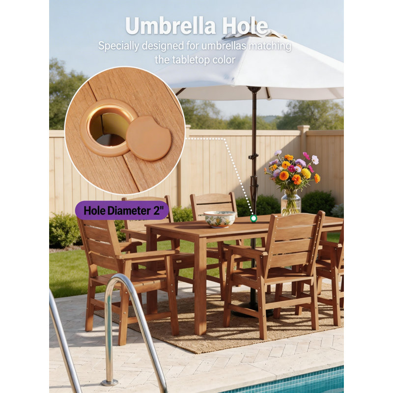 All Weather Outdoor Table and Chairs 7 Pieces Patio Dining Sets Outside Furniture With Umbrella Hole& Aluminum Frame HIPS Modern Patio Dining Set for 6 Person for Outside Backyard/Porch/Deck, 1-Table 6-Chairs, Teak