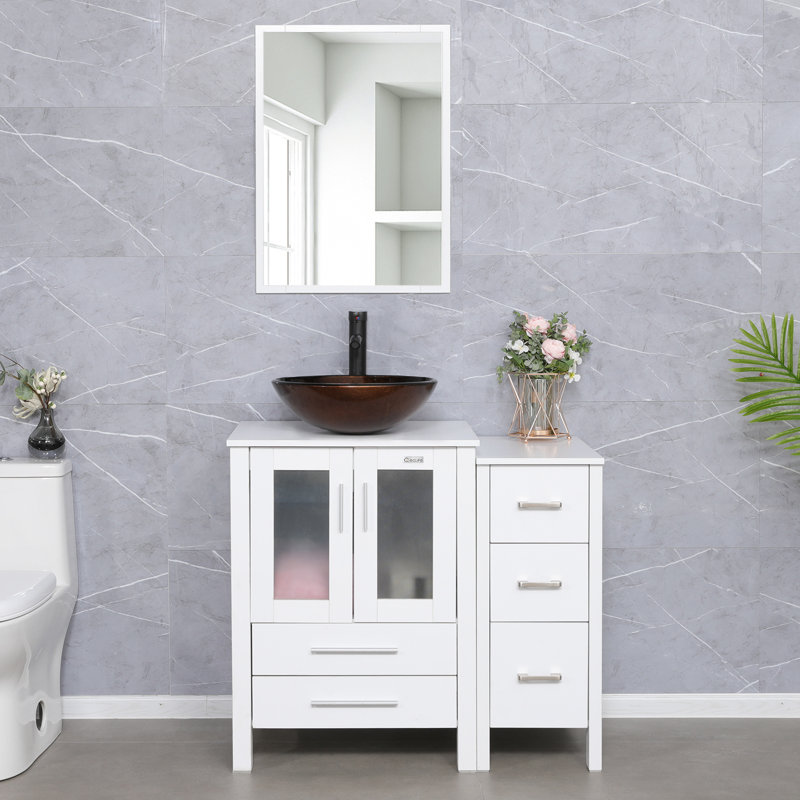 36'' Single Bathroom Vanity with Manufactured Wood Top, White, White