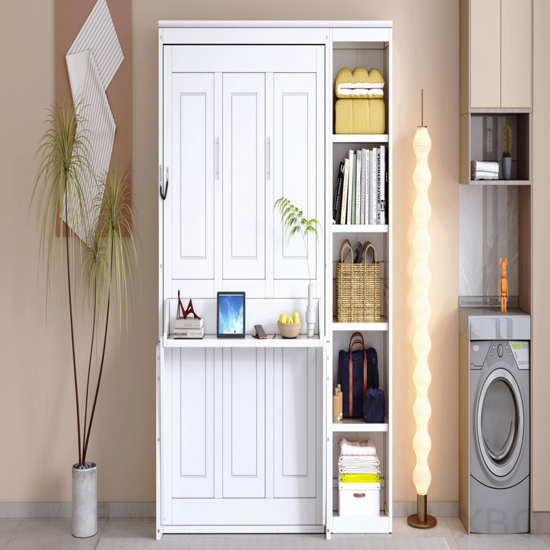 Lit escamotable double avec bureau et bibliothèque, blanc, Full / Double