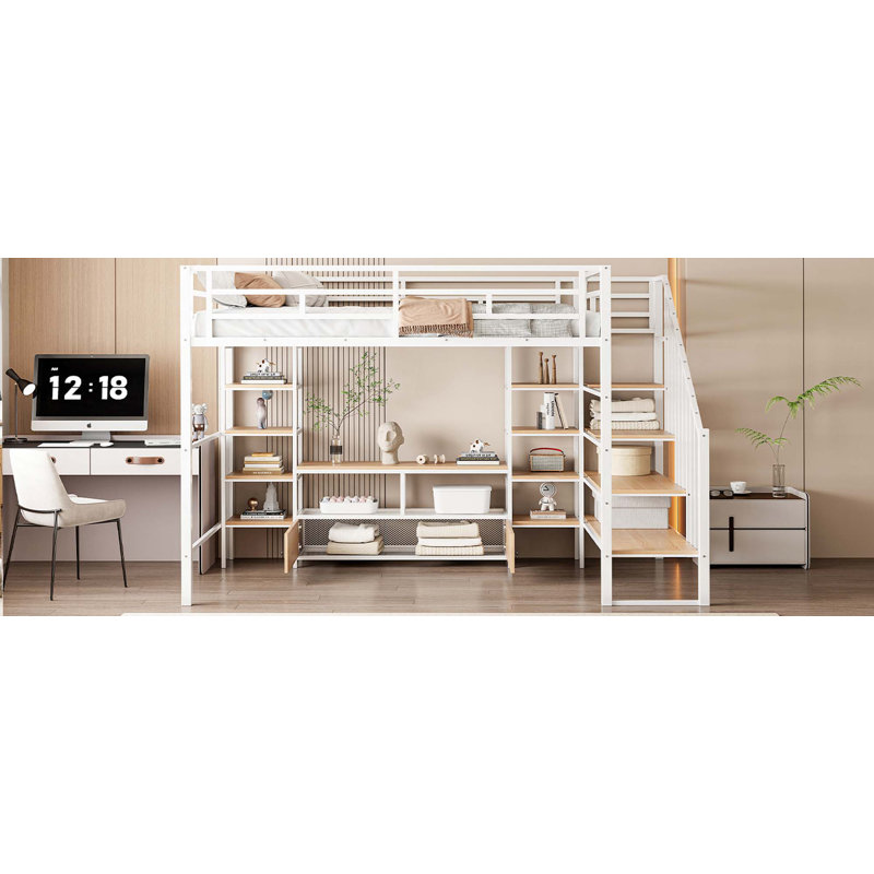 Lit mezzanine double en métal avec escalier, table de rangement basse et tablettes de rangement, Blanc