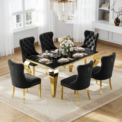 Modern 7-Piece Dining Set, Black Opaque Tempered Glass Dining Table With Mirror Stainless Steel Curved Legs & Velvet Dining Chairs With Tufted Backrest And Nailhead Decoration