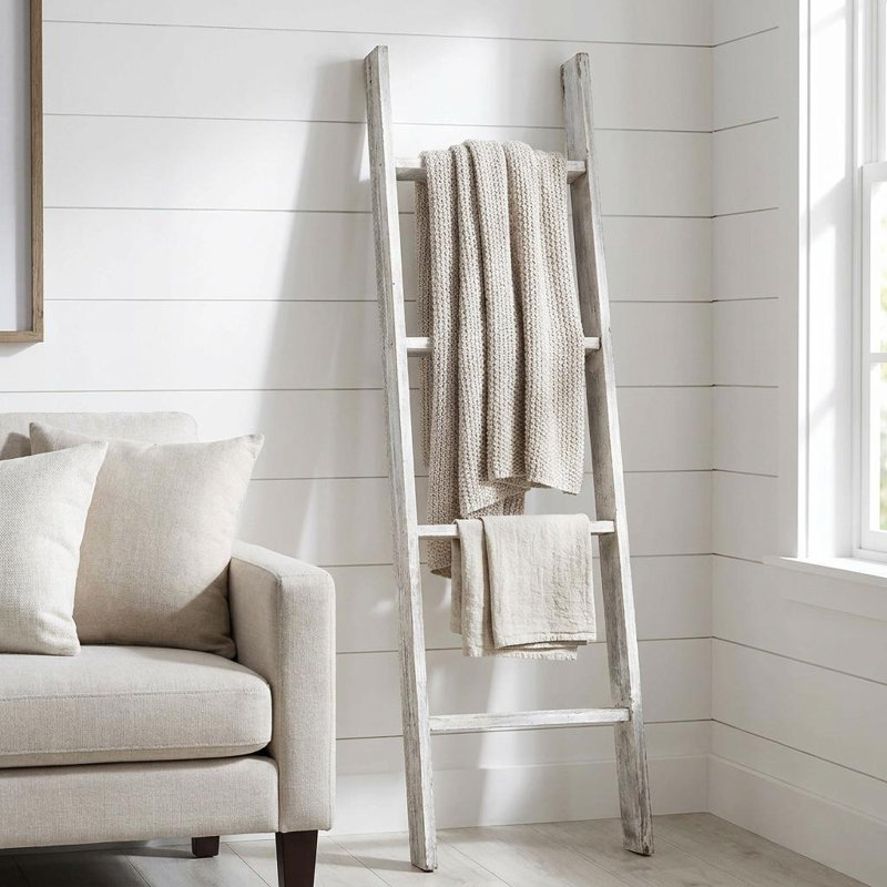 Orla Rustic Step Wood Ladder Shelf, White, (4 Shelves) 49" H x 14" W x 4" D