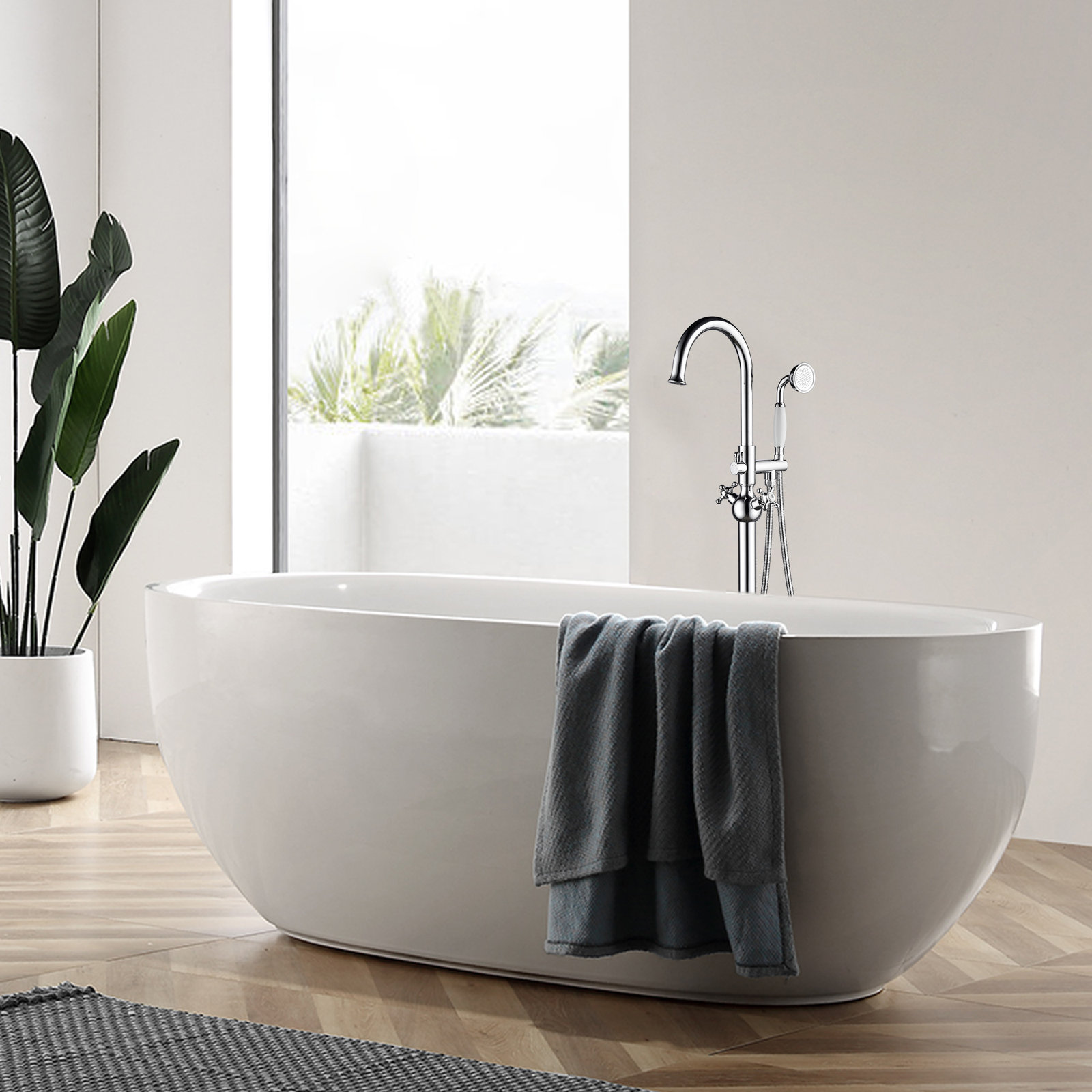 Loeb Floor Freestanding Tub Filler with Diverter, Polished Chrome