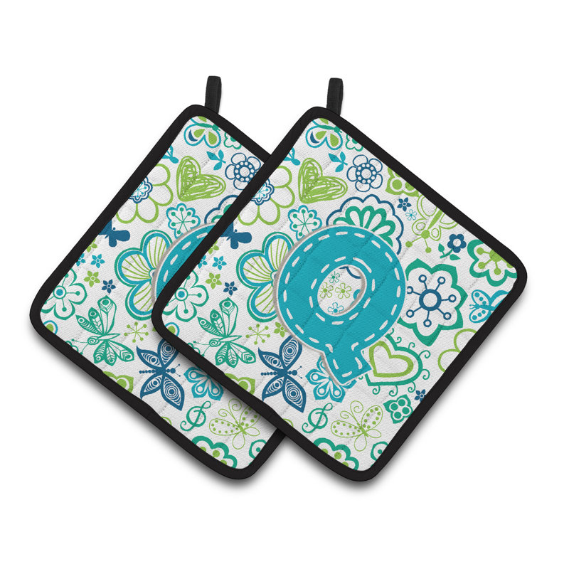 Fleurs et papillons Potholder, Bleu sarcelle, Q