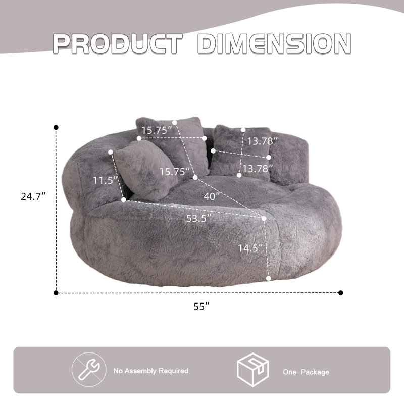 55" W Giant Adult Round Faux Fur Compression Foam Filled Bean Bag Sofa With 3 Back Pillows, No Assembly, Gray Faux Leather