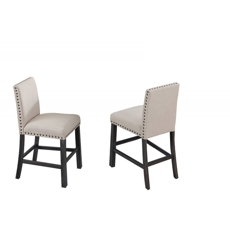 Ensemble de 2 chaises de comptoir rembourrées avec garniture cloutée et pieds de bois gris antique