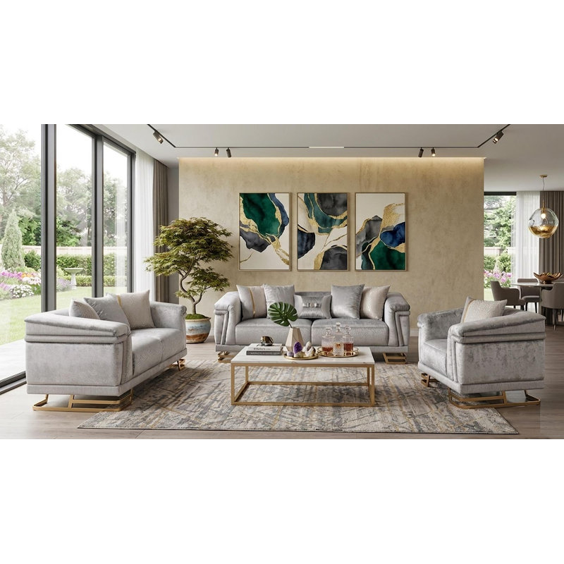 Ensemble de luxe 3 pièces Amaly, 3 pièces: 1 causeuse, 1 canapé, 1 fauteuil d'app