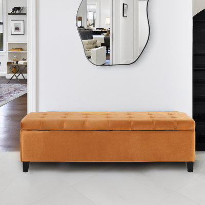 Banc de rangement rembourré en velours avec dessus capitonné et compartiment caché pour entrée moderne ou repose-pieds de chambre à coucher