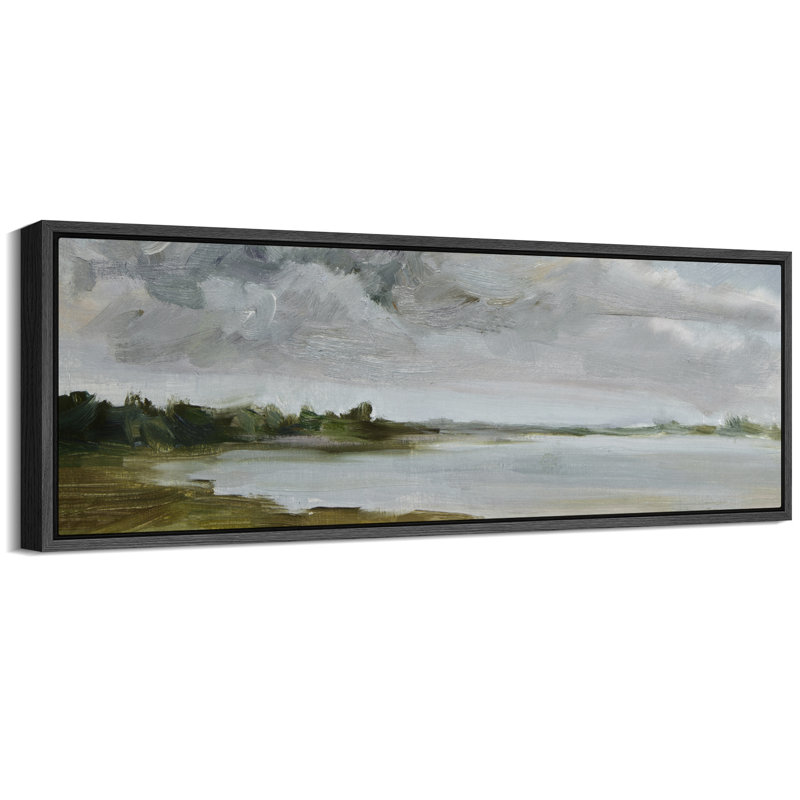 Tranquil Landscape Soft Brushstroke Lake Scene, reproduction d'art sur toile, H 20 po x l 60 po, Noir, noir, noir, noir