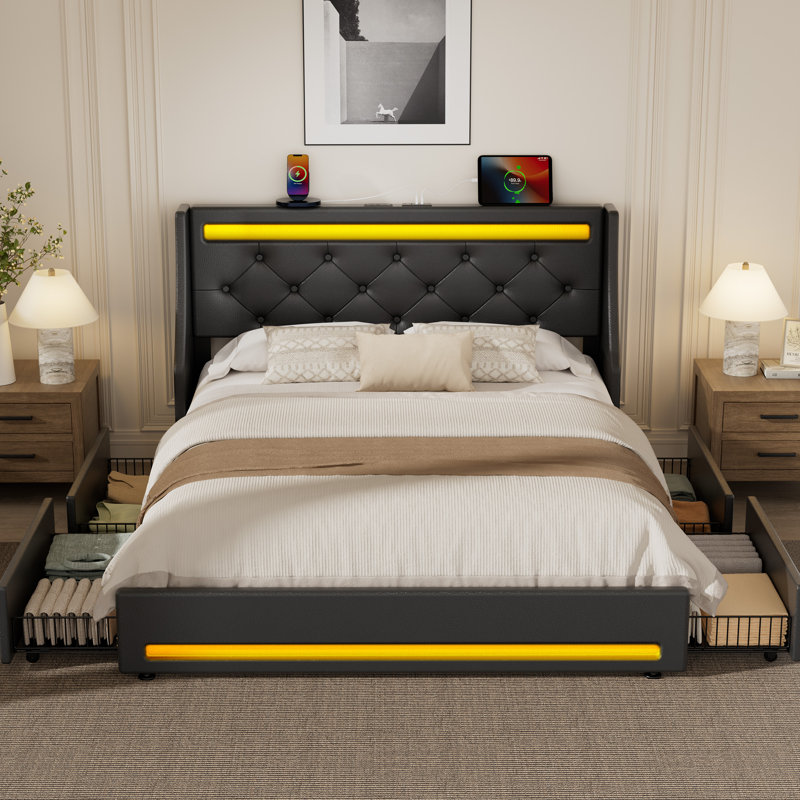Upholstered Platform Bed Frame with Wingback Headboard & LED Lights& 4 Storage Drawers, Twin/Single, White