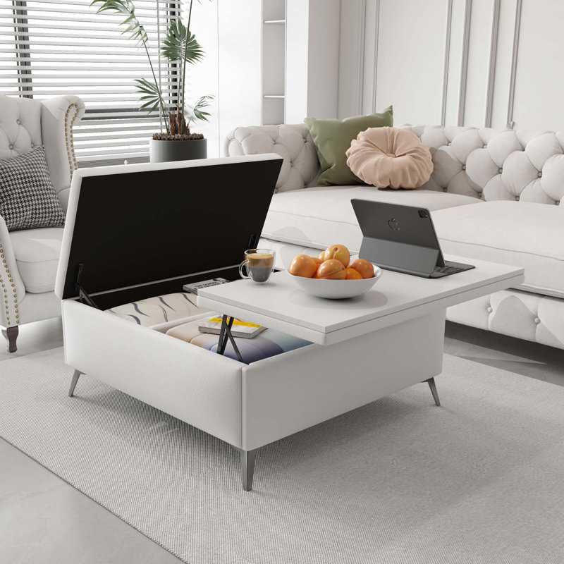 Repose-pieds de rangement polyvalent avec plateau relevable et sièges luxueux, idéal pour les espaces de vie modernes