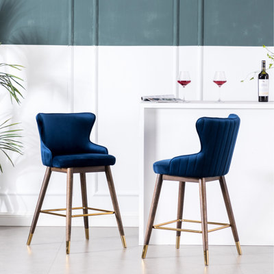 De 2 tabourets à oreilles à hauteur de comptoir bleus, revêtement, mousse épaisse, conception avec pieds fuselés et tabourets de galvanoplastie en métal 2, rembourrage en mousse d'inspiration Mid-Century