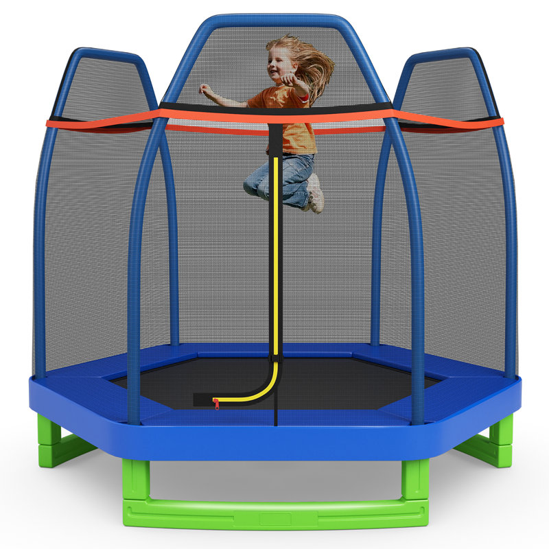 Costway 7' Hexagon Backyard Trampoline with Safety Enclosure Indoor (Wayfair Exclusive), Blue