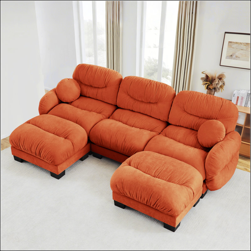 Canapé modulaire confortable en tissu de chenille plissé 3 places avec mousse ergonomique haute densité, canapé modulaire en forme de U avec 2 repose-pieds et accoudoirs ronds