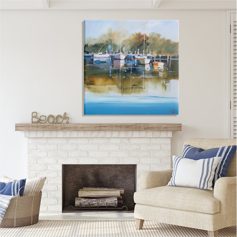 Ba-063 - Peinture encadrée d'une marina, H 36 po x l 36 po x P 1,5 po