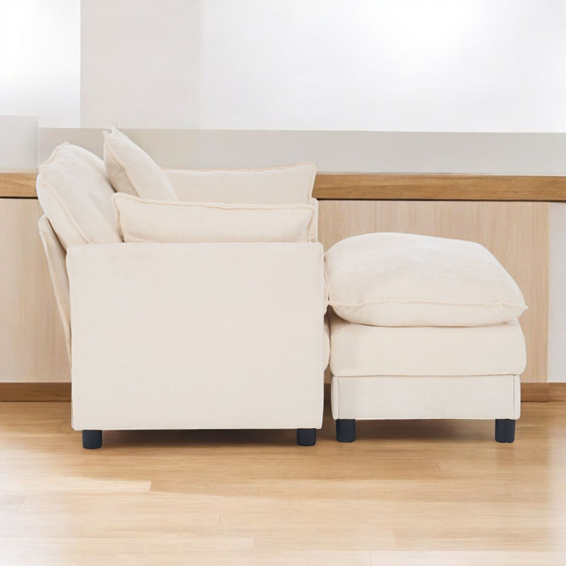 39.3" W Upholstered Accent Armchair With Ottoman, Beige