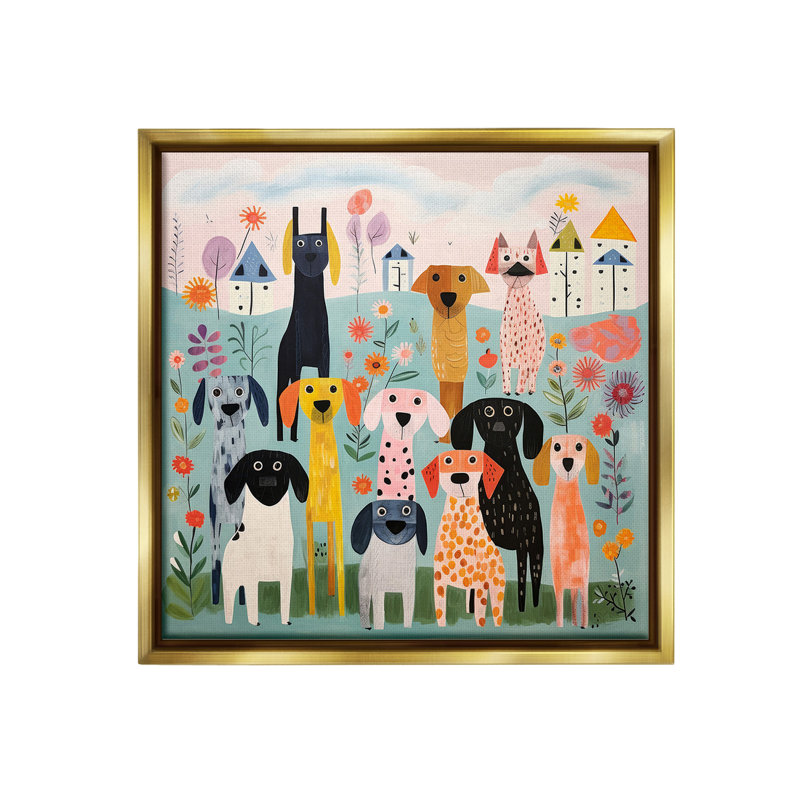 Art mural sur toile flottant à motif de chiens dans la cour par Lazar Studio, Or, H 18 po x l 18 po