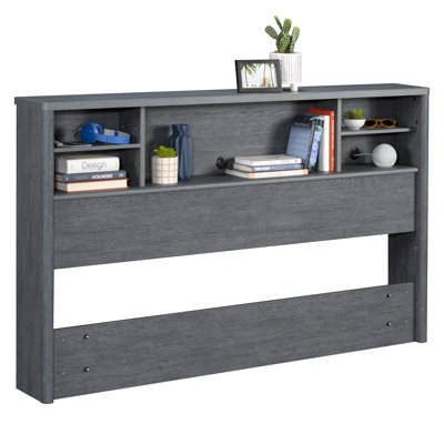 Grande tête de lit bibliothèque, fini denim + brun, tête de lit avec rangement, compartiments, convient aux tailles de lit double et grand, tablettes réglables grises, petite conception, installation facile, tête de lit double / grande tablette supérieure
