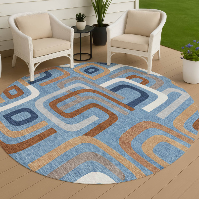 Tapis mid-century moderne lavable à la machine intérieur / extérieur Chantille ACN2551, En jean, Rond 8 pi