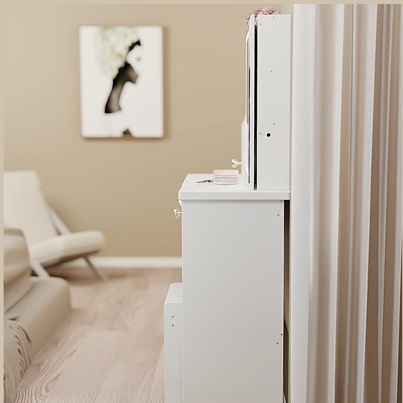 Petite coiffeuse de 29,2 po avec tiroir de gauche et tabouret rembourré, très grand miroir coulissant à droite, rangement multi-couches à grande capacité, commode pratique et pratique, convient aux petits espaces