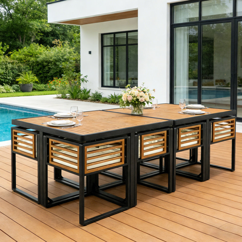 18-Piece Acacia Wood Patio Dining Set with 2 Tables, 8 Chairs and 8 Ottomans