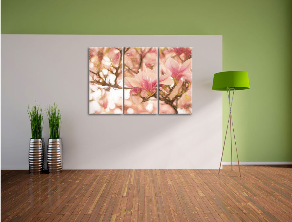 3-tlg. Leinwandbilder-Set „Rosa Magnolienblüten im Frühling“, Grafikdruck