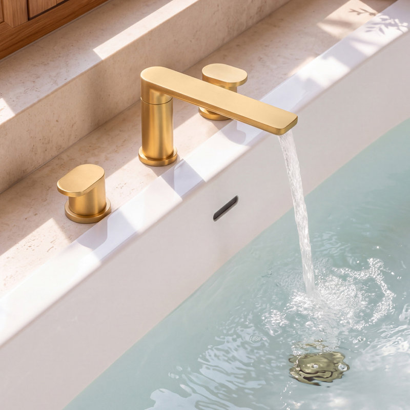 Two-Handle 3-Hole Deck Mount Roman Tub Faucet with 360° Swivel Spout, Brushed Gold