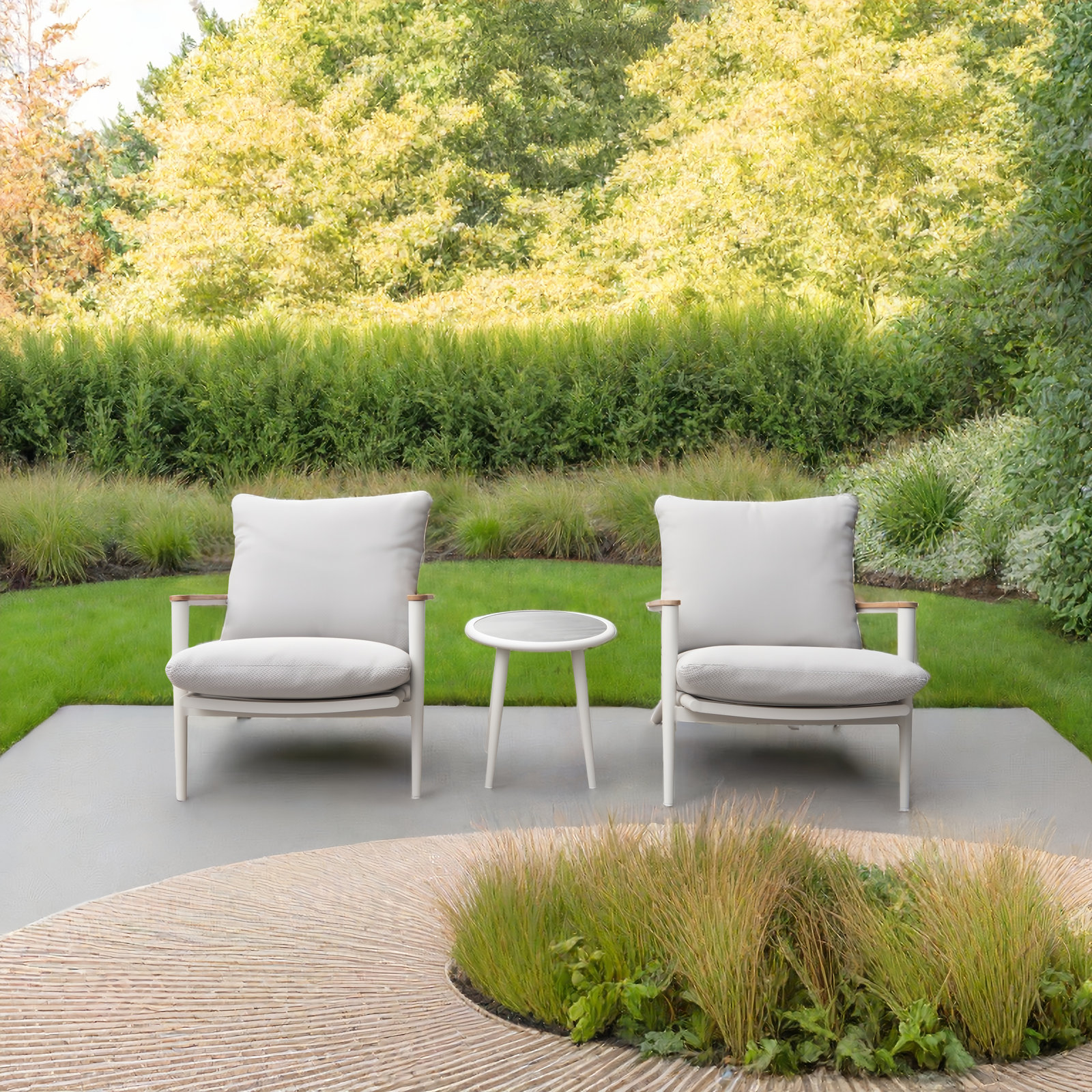Hiram 2-Person Teak Patio Seating Group, Beige/White