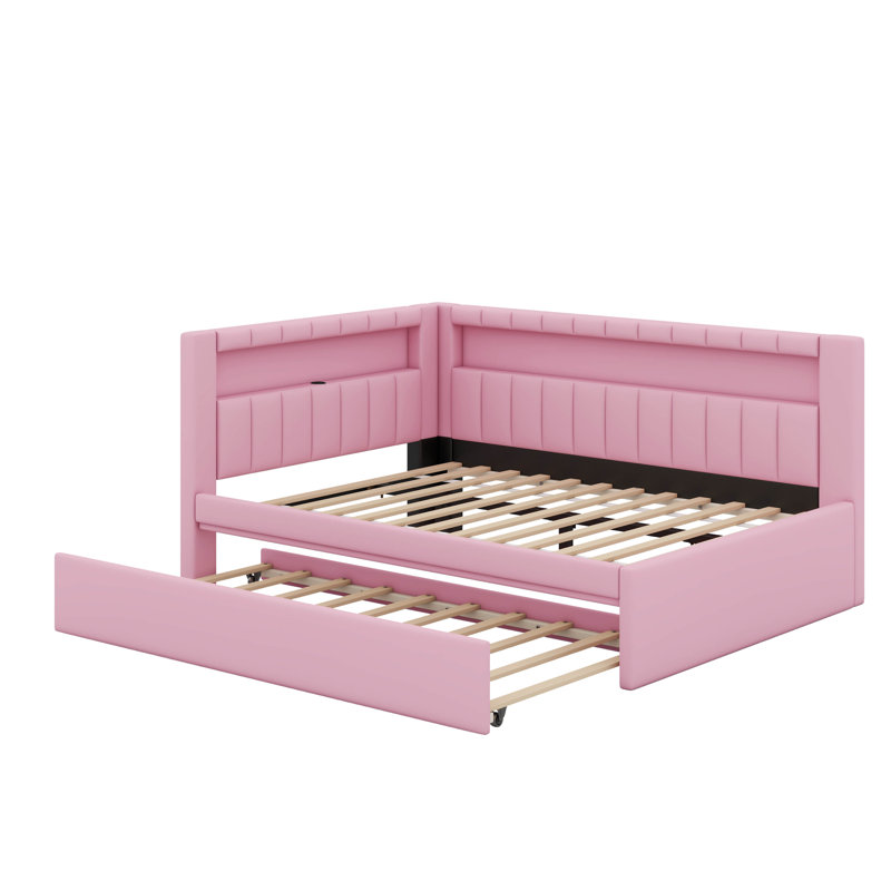 Upholstered Platform Bed With USB Ports, LED Belt, Full, Pink