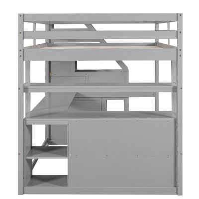 Lit mezzanine double avec bureau, tablettes et tiroirs - Structure de qualité grise avec marches fonctionnelles et de rangement