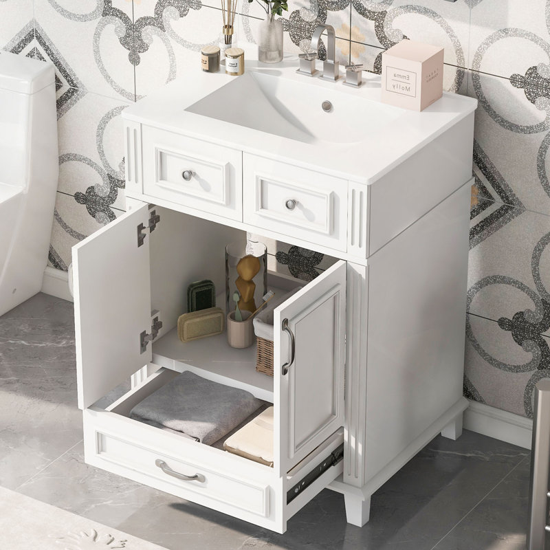 Meuble-lavabo de 24 po avec lavabo en céramique, armoire de rangement en bois massif avec portes à fermeture douce