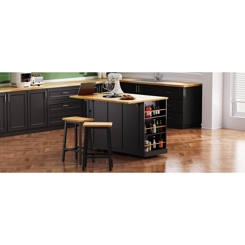 Grand îlot de cuisine 53 po avec 2 tabourets de bar et prise de courant à 3 tiroirs, Black