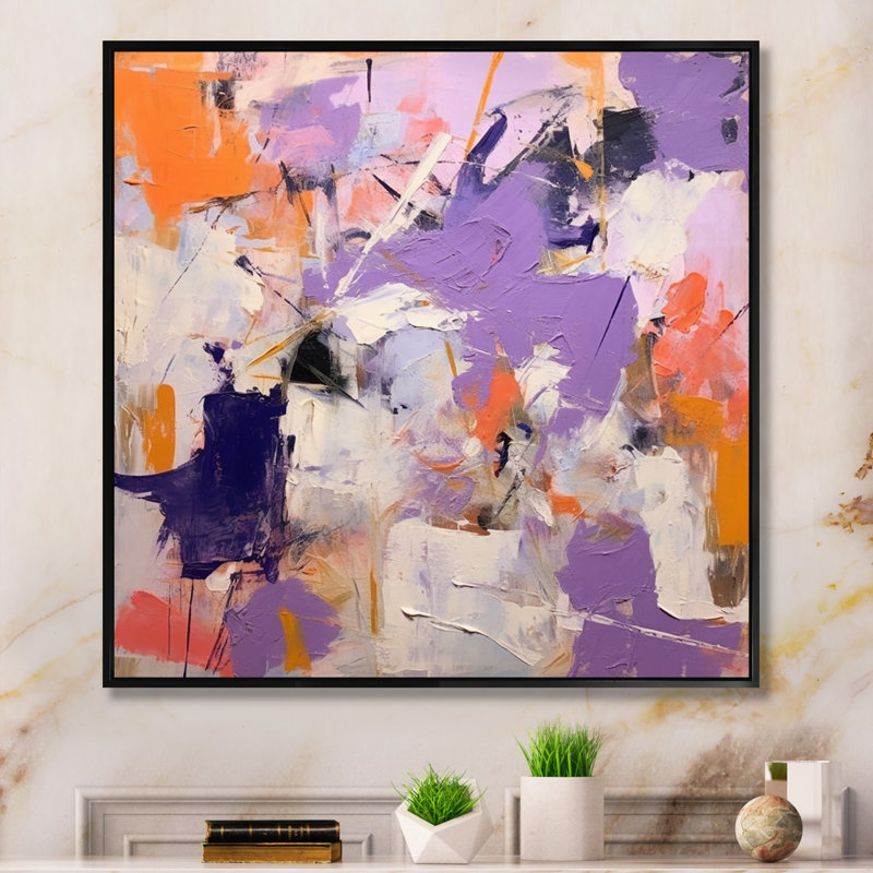 «Poetic Expressionism In Purple And Orange I - Abstract Collages», reproduction d'art sur toile, Cadre flottant noir