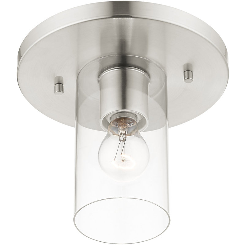 1 Light Flush mount ceiling light fixture with Clear Glass Shade, Brushed Nickel
