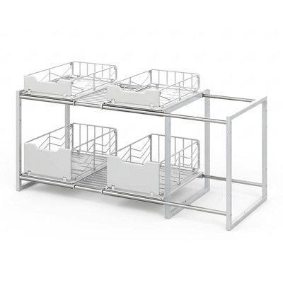 Expandable 2 Tier Under Sink Pull Out Cabinet Organizer with 4 Slide Out Metal Drawers for Kitchen or Bathroom