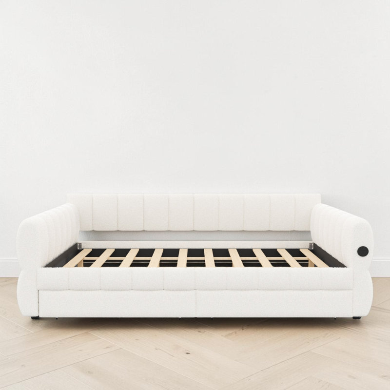Upholstered Daybed With USB Port And Drawers, White, King
