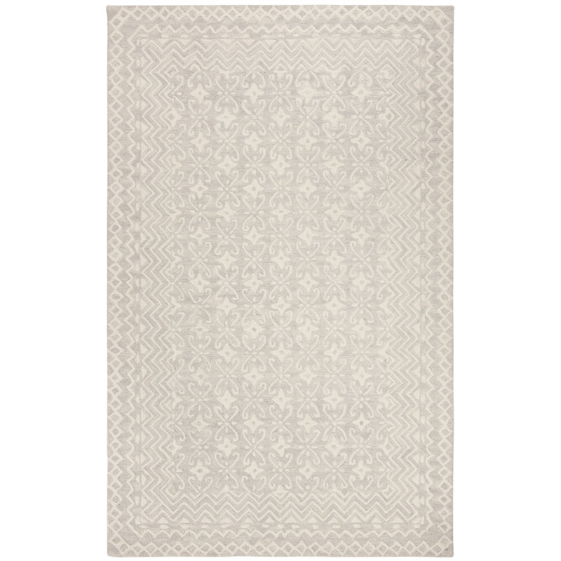 Jahiem Geometric Handmade Tufted Wool Gray/Ivory Area Rug, Rectangle 5' x 8'