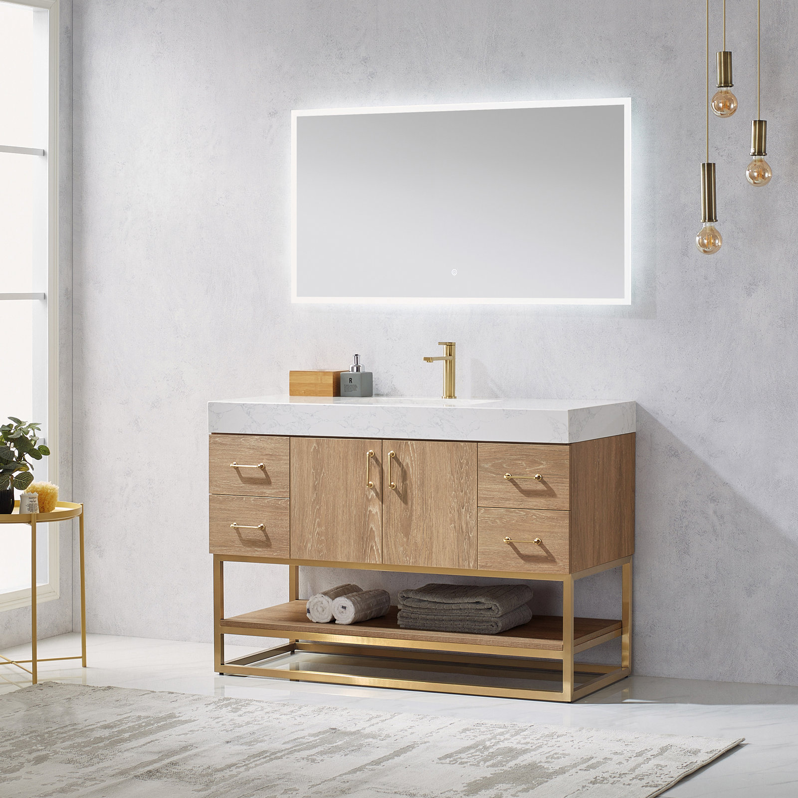 Alistair 48'' Single Bathroom Vanity, Gold, Natural Oak, White