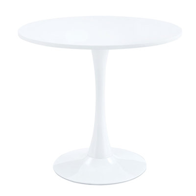 A Light Luxury Style White Round Dining Table, Equipped With An Elegant Tulip-Shaped Metal Base And A 31.5-Inch Medium-Density Fiberboard Tabletop, Presents A Modern Medieval Style In Its Entirety. It