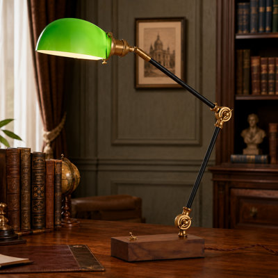 Classic Green-Glass Banker Lamp with Solid Ash-Wood Base, Adjustable Vintage Plug-In Design, E26 Socket and Power Switch for Office Use