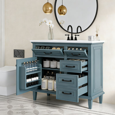 Meuble-lavabo autoportant 36 po avec comptoir en céramique, cadre en bois massif, tablette réglable 36 po
