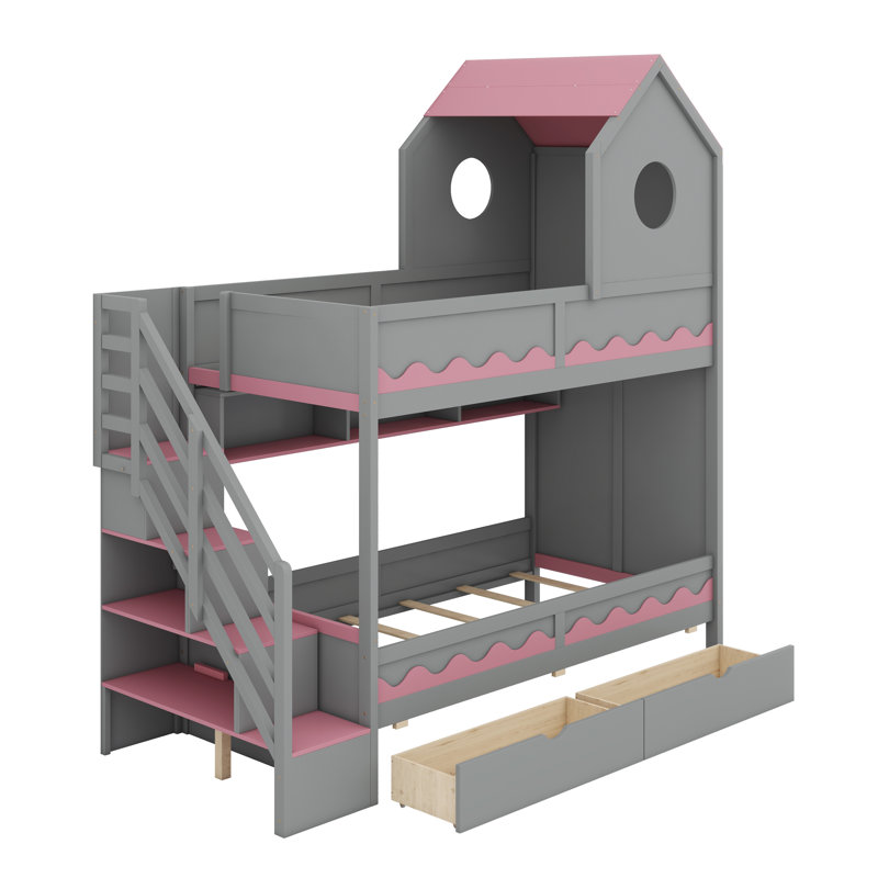 Kids’ Loft Bed Featuring House-Shaped Enclosure, Drawer, Staircase Access, And Integrated LED, Gray