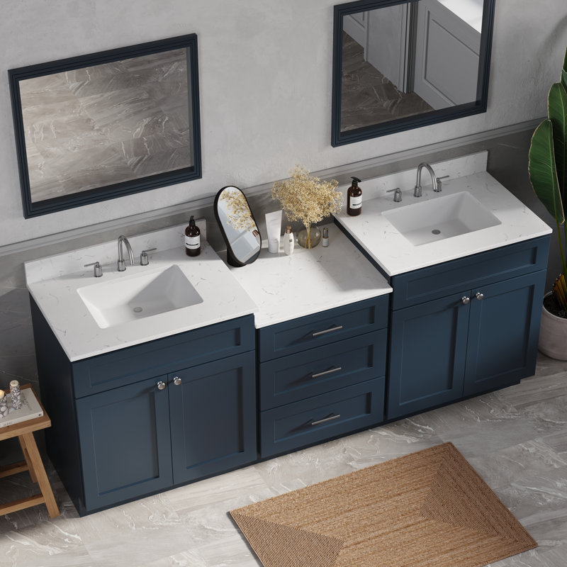 Plateau de meuble-lavabo double en bois massif avec tiroir à queue d'aronde et comptoir Carrara, 85", Bleu