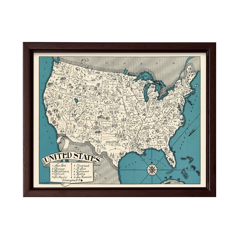 Carte illustrée des États-Unis, 11"H x 14"W, Canvas, Encadrement brun