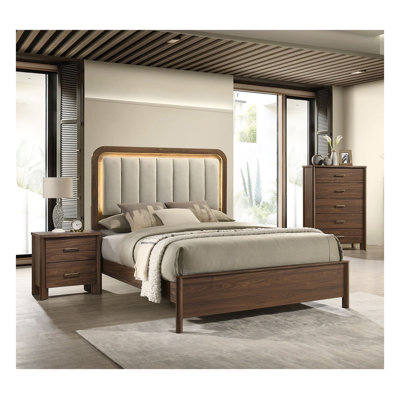 Ensemble de chambre à coucher de style moderne du milieu du siècle pour lit king-size avec tête de lit DEL, table de chevet et commode finition noyer