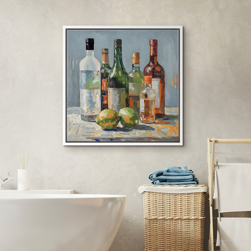 «Green Lemon Drinkware», impression sur toile encadrée de bouteilles en verre, Blanc, H 16 po x l 16 po
