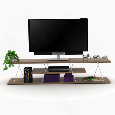 Mid Century Modern Tv Stand 4 Shelves Open Storage Metal Cords Entertainment Centre 56 Inch Low Tv Unit, Walnut/Chrome