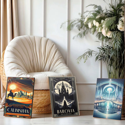 3 pièces d'art mural encadrées, affiche de voyage rétro sur toile, ensemble de 3, comprenant des royaumes fantastiques de Calimshan Barovia et Silverymoon pour la décoration du salon, la chambre à coucher, le bureau, la décoration, cadeau unique pour les joueurs et les amateurs de fantaisie